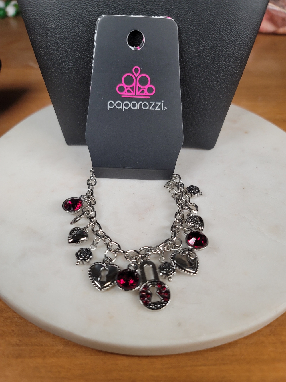 paparazzi Silver Charm Bracelet with Red Crystal Accents